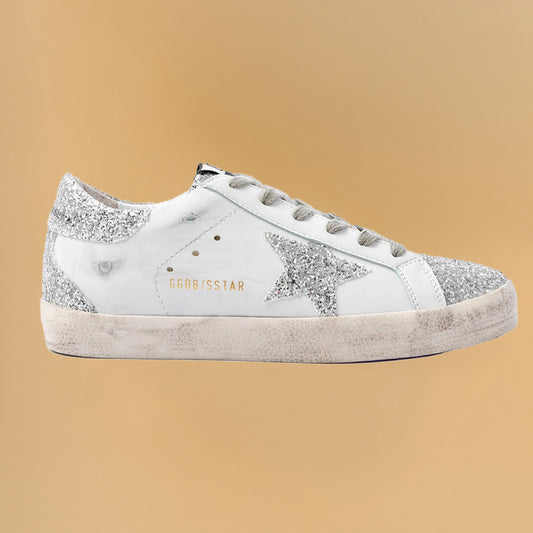 Golden Goose Low-Top Superstar Beyaz Gümüş Simli Sneakers