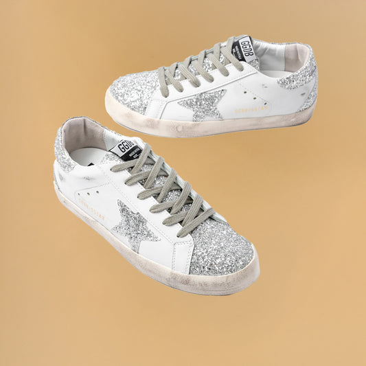 Golden Goose Low-Top Superstar Beyaz Gümüş Simli Sneakers